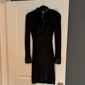 Bebe Black Textured Dress with Leather Trim and fur lining on the front